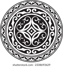 Vector black monochrome round Kazakh national ornament. Ethnic pattern of the peoples of the Great Steppe, 
Mongols, Kyrgyz, Kalmyks, Buryats. circle, frame border.