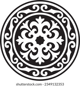 Vector black monochrome round Kazakh national ornament. Ethnic pattern of the peoples of the Great Steppe, 
Mongols, Kyrgyz, Kalmyks, Buryats. circle, frame border.