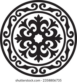 Vector black monochrome round Kazakh national ornament. Ethnic pattern of the peoples of the Great Steppe, 
Mongols, Kyrgyz, Kalmyks, Buryats. circle, frame border.