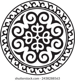 Vector black monochrome round Kazakh national ornament. Ethnic pattern of the peoples of the Great Steppe, 
Mongols, Kyrgyz, Kalmyks, Buryats. circle, frame border.