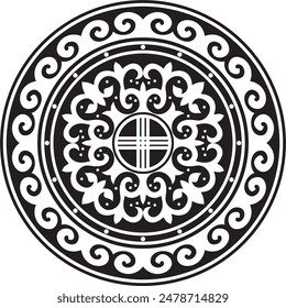 Vector black monochrome round Kazakh national ornament. Ethnic pattern of the peoples of the Great Steppe, 
Mongols, Kyrgyz, Kalmyks, Buryats. circle, frame border.