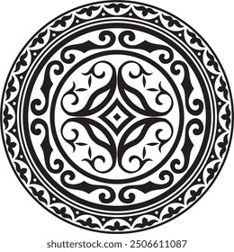 Vector black monochrome round Kazakh national ornament. Ethnic pattern of the peoples of the Great Steppe, 
Mongols, Kyrgyz, Kalmyks, Buryats. circle, frame border.