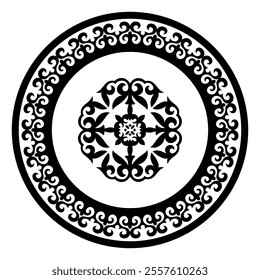 Vector black monochrome round with a large pattern in the center Kazakh national ornament. Ethnic pattern of the peoples of the Great Steppe, Mongols, Kyrgyz, Kalmyks, Buryats. circle, frame border.