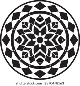 Vector black monochrome round pattern. Mosaic circle, geometric ornament. Sketchy flower.