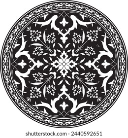 Vector negro monocromo redondo turco ornamento. Círculo otomano, anillo, marco.
