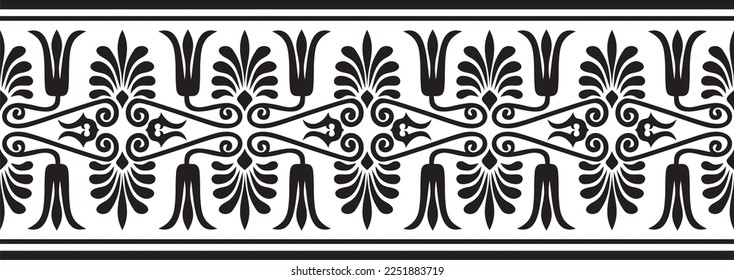 Vector black monochrome seamless ornament of ancient Greece. Classic Endless pattern frame border Roman Empire.
