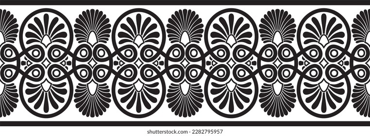 Vector black monochrome seamless ornament of ancient Greece. Classic Endless pattern frame border Roman Empire.
