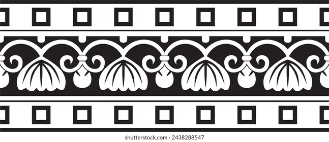 Vector black monochrome seamless ornament of ancient Greece. Classic Endless pattern frame border Roman Empire.

