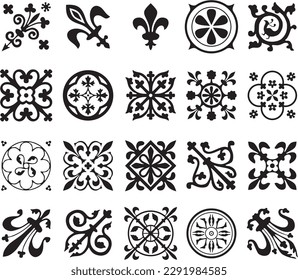 Vektorschwarz-Monochrom-Set aus antiken römischen Ornament-Elementen. Klassische europäische Muster. Lilien und Kronen.
