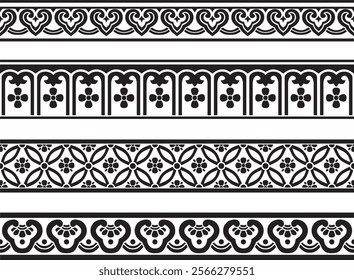 Vector black monochrome set of seamless Chinese borders. Endless ornaments of oriental peoples, korea, taiwan, china, hong kong, indonesia silhouette
