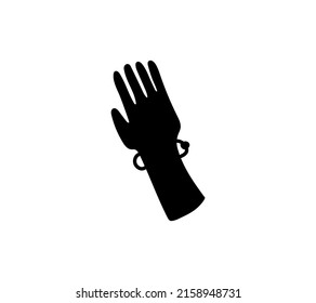 Vector black monochrome silhouette icon of hand raised up in doodle modern style. Isolated abstract illustration on white background.