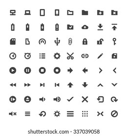 vector black monochrome software system media navigation icons collection white background
