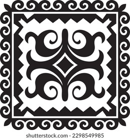 Vector black monochrome square Kazakh national ornament. Ethnic pattern of the peoples of the Great Steppe, Mongols, Kyrgyz, Kalmyks, Buryats.
