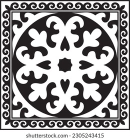 Vector black monochrome square Kazakh national ornament. Ethnic pattern of the peoples of the Great Steppe, Mongols, Kyrgyz, Kalmyks, Buryats.
