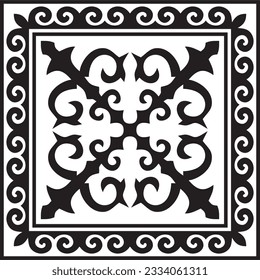 Vector black monochrome square Kazakh national ornament. Ethnic pattern of the peoples of the Great Steppe, 
Mongols, Kyrgyz, Kalmyks, Buryats.