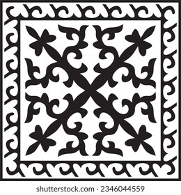 Vector black monochrome square Kazakh national ornament. Ethnic pattern of the peoples of the Great Steppe, 
Mongols, Kyrgyz, Kalmyks, Buryats.