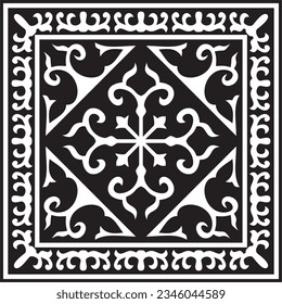 Vector black monochrome square Kazakh national ornament. Ethnic pattern of the peoples of the Great Steppe, Mongols, Kyrgyz, Kalmyks, Buryats.
