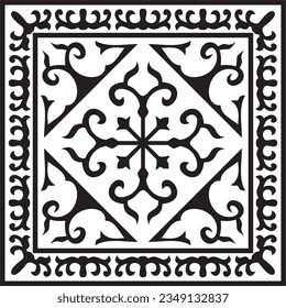 Vector black monochrome square Kazakh national ornament. Ethnic pattern of the peoples of the Great Steppe, Mongols, Kyrgyz, Kalmyks, Buryats.
