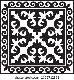 Vector black monochrome square Kazakh national ornament. Ethnic pattern of the peoples of the Great Steppe, 
Mongols, Kyrgyz, Kalmyks, Buryats