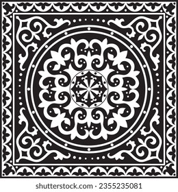 Vector black monochrome square Kazakh national ornament. Ethnic pattern of the peoples of the Great Steppe, 
Mongols, Kyrgyz, Kalmyks, Buryats