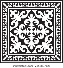 Vector black monochrome square Kazakh national ornament. Ethnic pattern of the peoples of the Great Steppe, 
Mongols, Kyrgyz, Kalmyks, Buryats