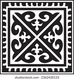 Vector black monochrome square Kazakh national ornament. Ethnic pattern of the peoples of the Great Steppe, 
Mongols, Kyrgyz, Kalmyks, Buryats.