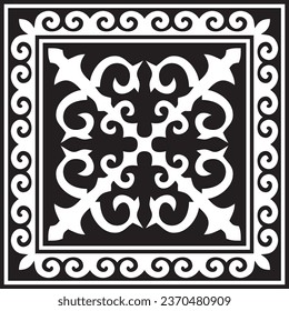 Vector black monochrome square Kazakh national ornament. Ethnic pattern of the peoples of the Great Steppe, 
Mongols, Kyrgyz, Kalmyks, Buryats.