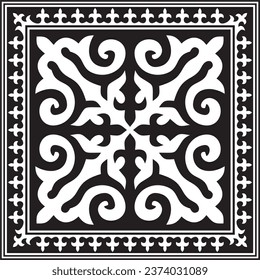 Vector black monochrome square Kazakh national ornament. Ethnic pattern of the peoples of the Great Steppe, 
Mongols, Kyrgyz, Kalmyks, Buryats.