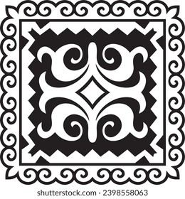 Vector black monochrome square Kazakh national ornament. Ethnic pattern of the peoples of the Great Steppe, Mongols, Kyrgyz, Kalmyks, Buryats.
