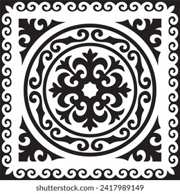 Vector black monochrome square Kazakh national ornament. Ethnic pattern of the peoples of the Great Steppe, Mongols, Kyrgyz, Kalmyks, Buryats.
