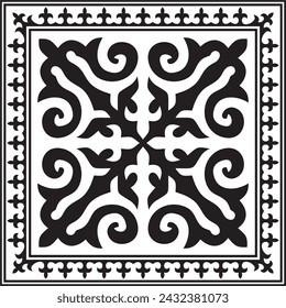 Vector black monochrome square Kazakh national ornament. Ethnic pattern of the peoples of the Great Steppe, 
Mongols, Kyrgyz, Kalmyks, Buryats.