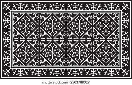 Vector black monochrome square Kazakh national ornament. Ethnic pattern of the peoples of the Great Steppe, Mongols, Kyrgyz, Kalmyks, Buryats.
