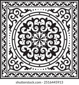 Vector black monochrome square Kazakh national ornament. Ethnic pattern of the peoples of the Great Steppe, 
Mongols, Kyrgyz, Kalmyks, Buryats