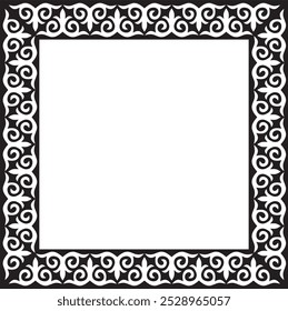 Vector black monochrome square Kazakh national ornament. Ethnic pattern of the peoples of the Great Steppe,
