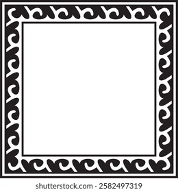 Vector black monochrome square Kazakh national ornament. Ethnic pattern of the peoples of the Great Steppe, 
Mongols, Kyrgyz, Kalmyks, Buryats. Square frame border.