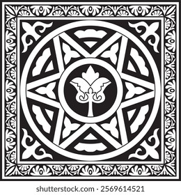 Vector black monochrome square stencil classic byzantine ornament. Rectangle, border, Ancient Greece, Eastern Roman Empire frame. Decoration of the Russian Orthodox Church
