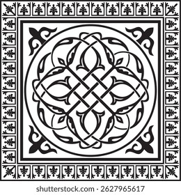 Vetor preto monocromático quadrado estêncil clássico ornamento bizantino. Retângulo, fronteira, Grécia Antiga, quadro Império Romano do Leste. Decoração da Igreja Ortodoxa Russa
