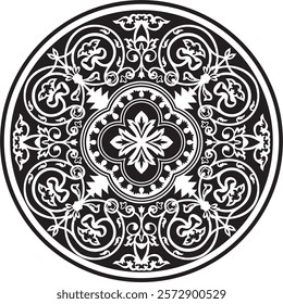 Vector black monochrome stencil round classic byzantine ornament. Circle, ring, border, Ancient Greece, Eastern Roman Empire frame. Decoration of the Russian Orthodox Church
