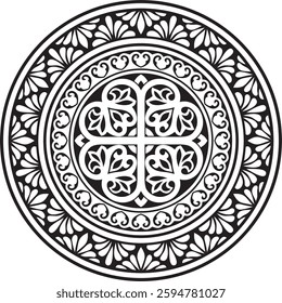 Vector black monochrome stencil round classic byzantine ornament. Circle, ring, border, Ancient Greece, Eastern Roman Empire frame. Decoration of the Russian Orthodox Church
