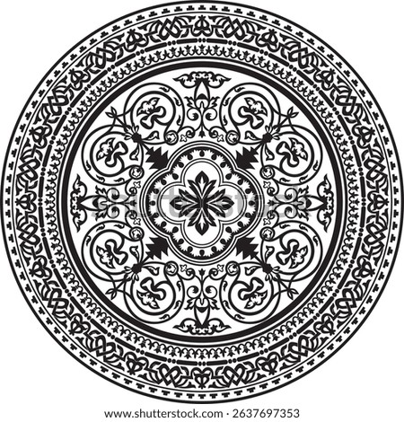 Vector black monochrome stencil round classic byzantine ornament. Circle, ring, border, Ancient Greece, Eastern Roman Empire frame. Decoration of the Russian Orthodox Church
