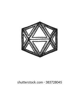 vector black monochrome tattoo dotted art style decoration element geometric icosahedron polyhedron illustration isolated white background