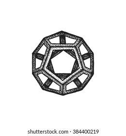 vector black monochrome tattoo dotted art style decoration element geometric dodecahedron polyhedron illustration isolated white background
