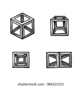 vector black monochrome tattoo dotted art style decoration element set various geometric cube polyhedrons illustration isolated white background
