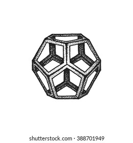 vector black monochrome tattoo dotted art style decoration element geometric dodecahedron polyhedron illustration isolated white background
