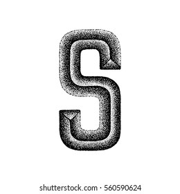vector black monochrome vintage ink hand drawn dot work retro tattoo style engraving volumetric letter S isolated white background
