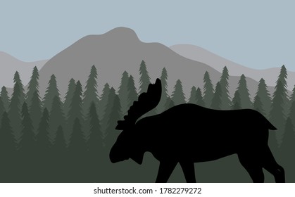 Vector black moose silhouette in flat landscape with spruce tree forest and mountains