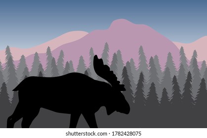 Vector black moose silhouette in flat colored landscape with spruce tree forest and mountains
