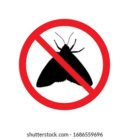 Vector black moth silhouette crossed in red circle isolated on white background. No moth insects sign