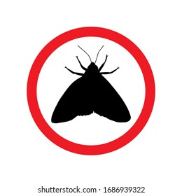 Vector black moth silhouette in red circle isolated on white background. No moth insects sign