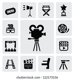 vector black movie icon set on gray